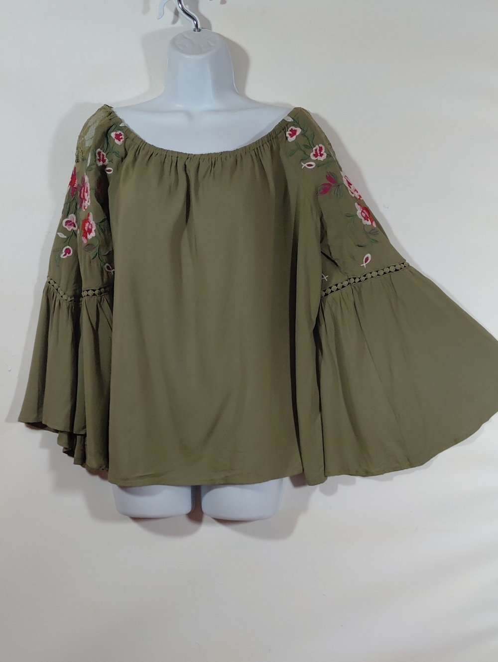 Mlle Gabrielle Olive Green Off-the-Shoulder Top with Floral Embroidered Sleeves